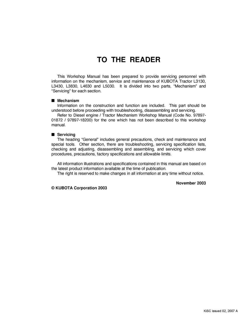 KUBOTA L3130 L3430 L3830 L4630 L5030 WORKSHOP MANUAL - WIRE BOUND - THICK COVERS