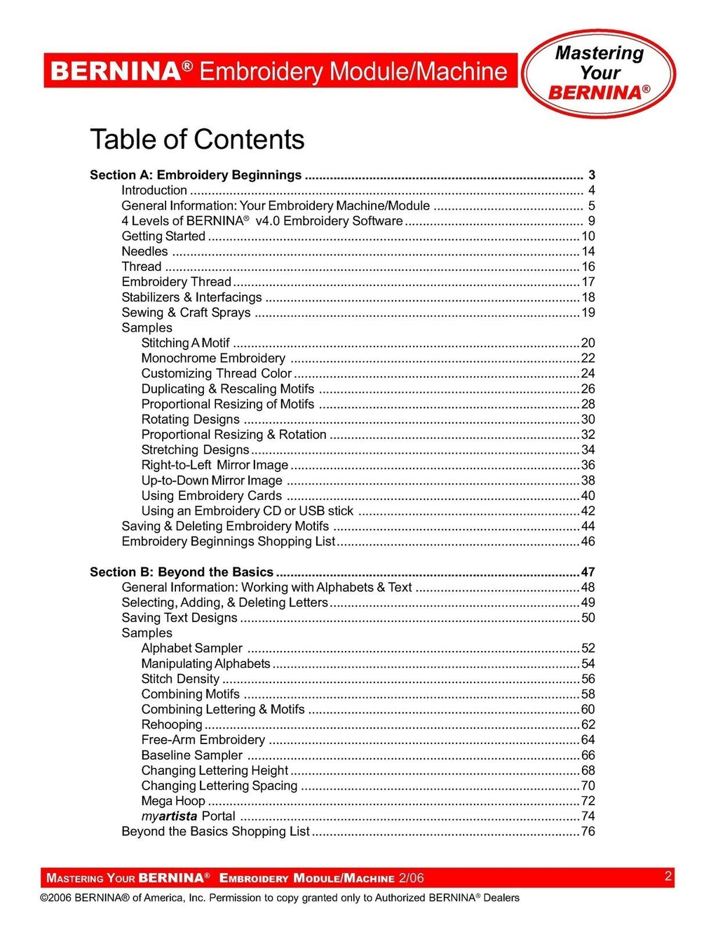 BERNINA Embroidery Mastery Workbook Aurora 430 440 Artista 630 640 730 Deco 330