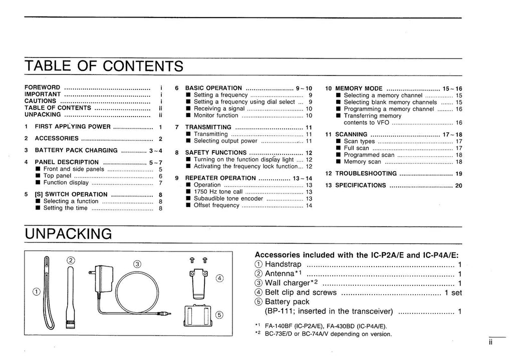 ICOM IC-P2A IC-P2E IC-P4A IC-P4E TRANSCEIVER INSTRUCTION MANUAL - WIRE BOUND