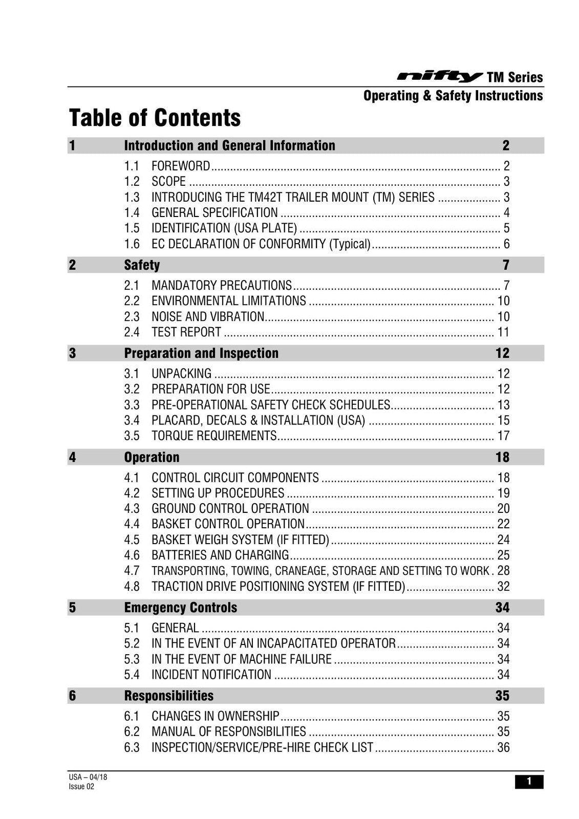 NIFTYLIFT TM42T Operating And Safety Instructions Manual - WIRE BOUND - COVERS