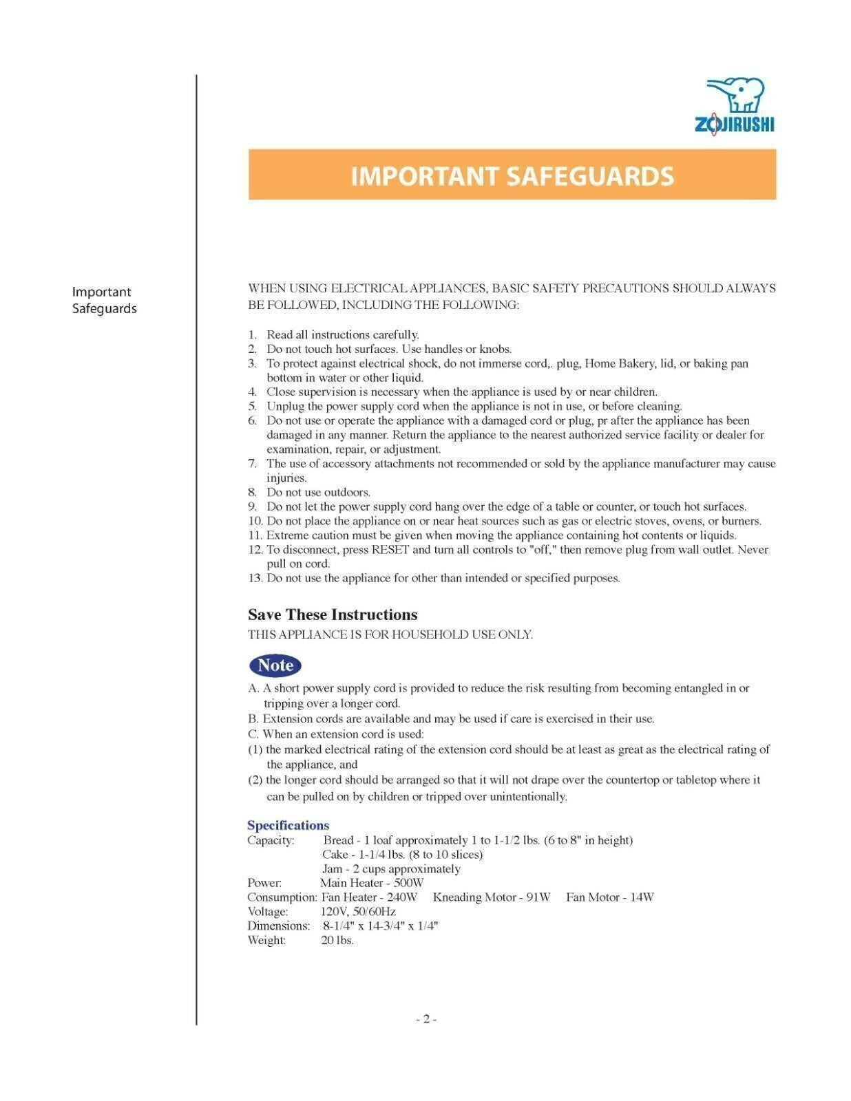 ZOJIRUSHI BBCC-S15 User Manual Owners Instruction Booklet + Lots of Recipes!