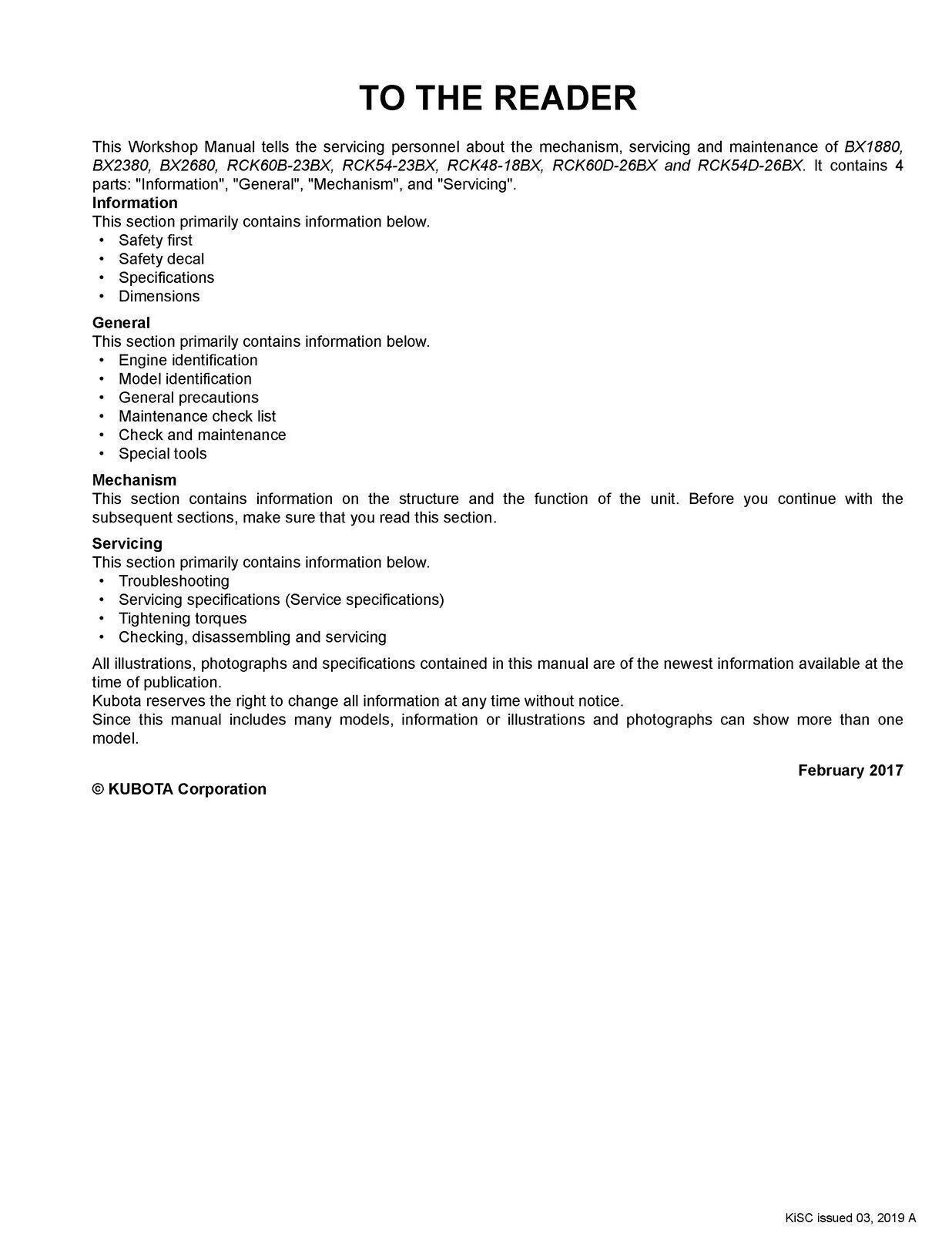 KUBOTA BX1880 BX2380 BX2680 TRACTOR MOWER WORKSHOP MANUAL - STEEL WIRE BOUND