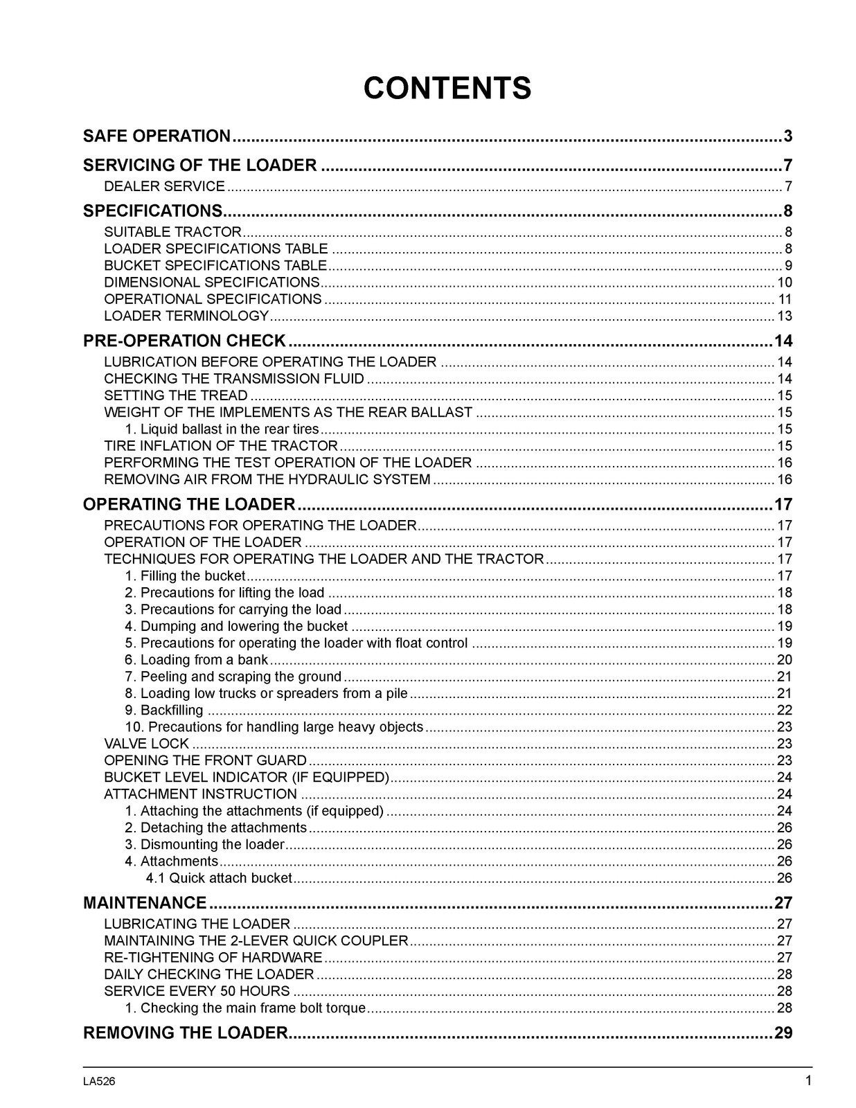 KUBOTA LA526 FRONT LOADER OPERATORS MANUAL - WIRE BOUND - TOUGH COVERS