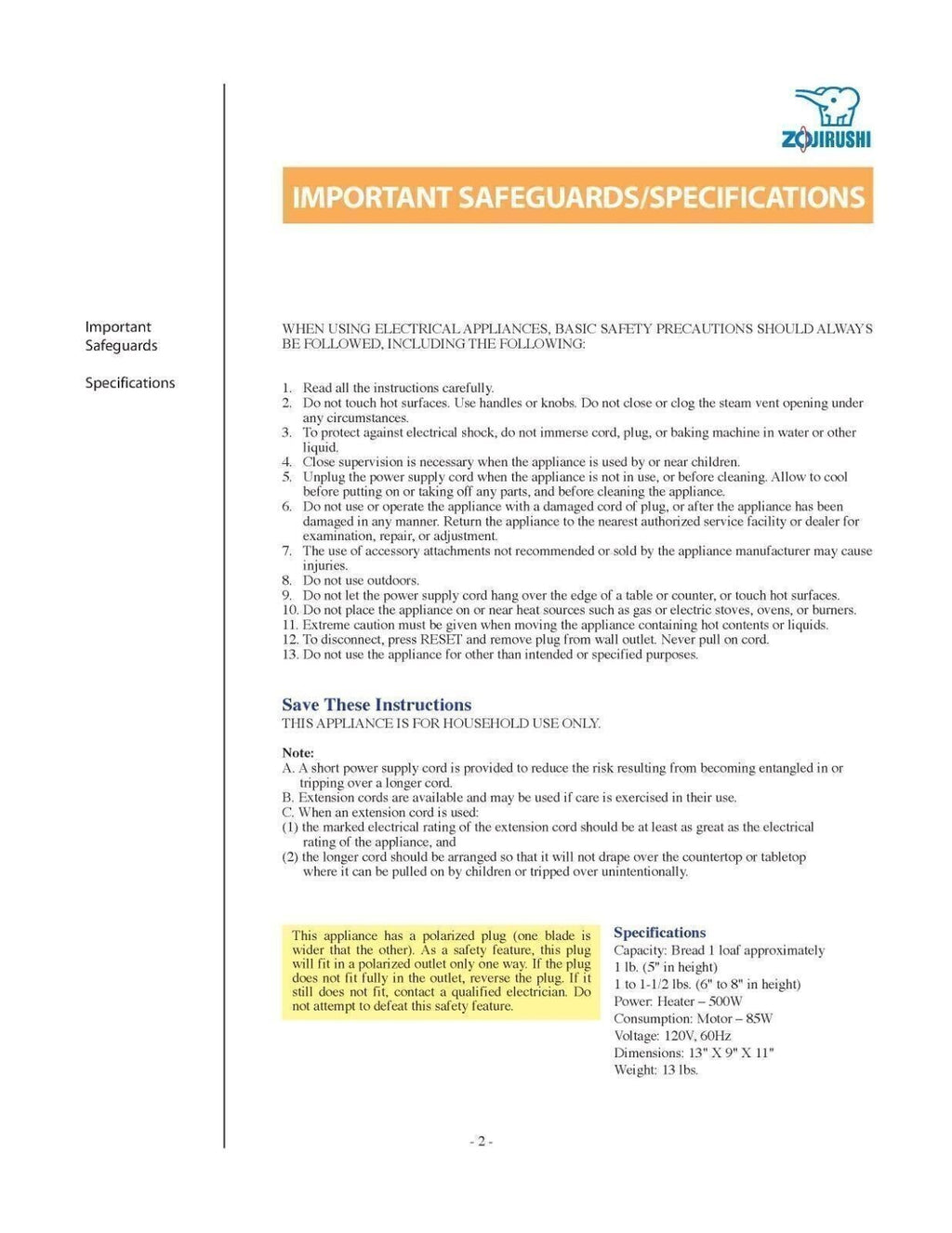 ZOJIRUSHI BBCC-Q10 Home Bakery Junior Operation Manual User Guide