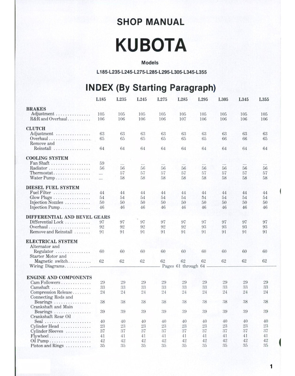 KUBOTA L185 L235 L245 L275 L285 L295 L305 L345 L355 WORKSHOP MANUAL - WIRE BOUND