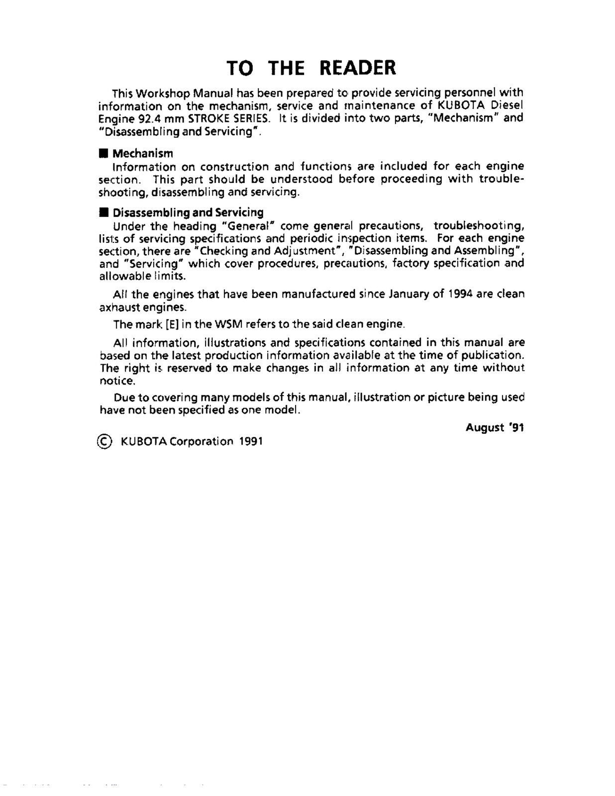 KUBOTA 03 SERIES D1403-B (E) ETC DIESEL ENGINE WORKSHOP MANUAL- STEEL WIRE BOUND