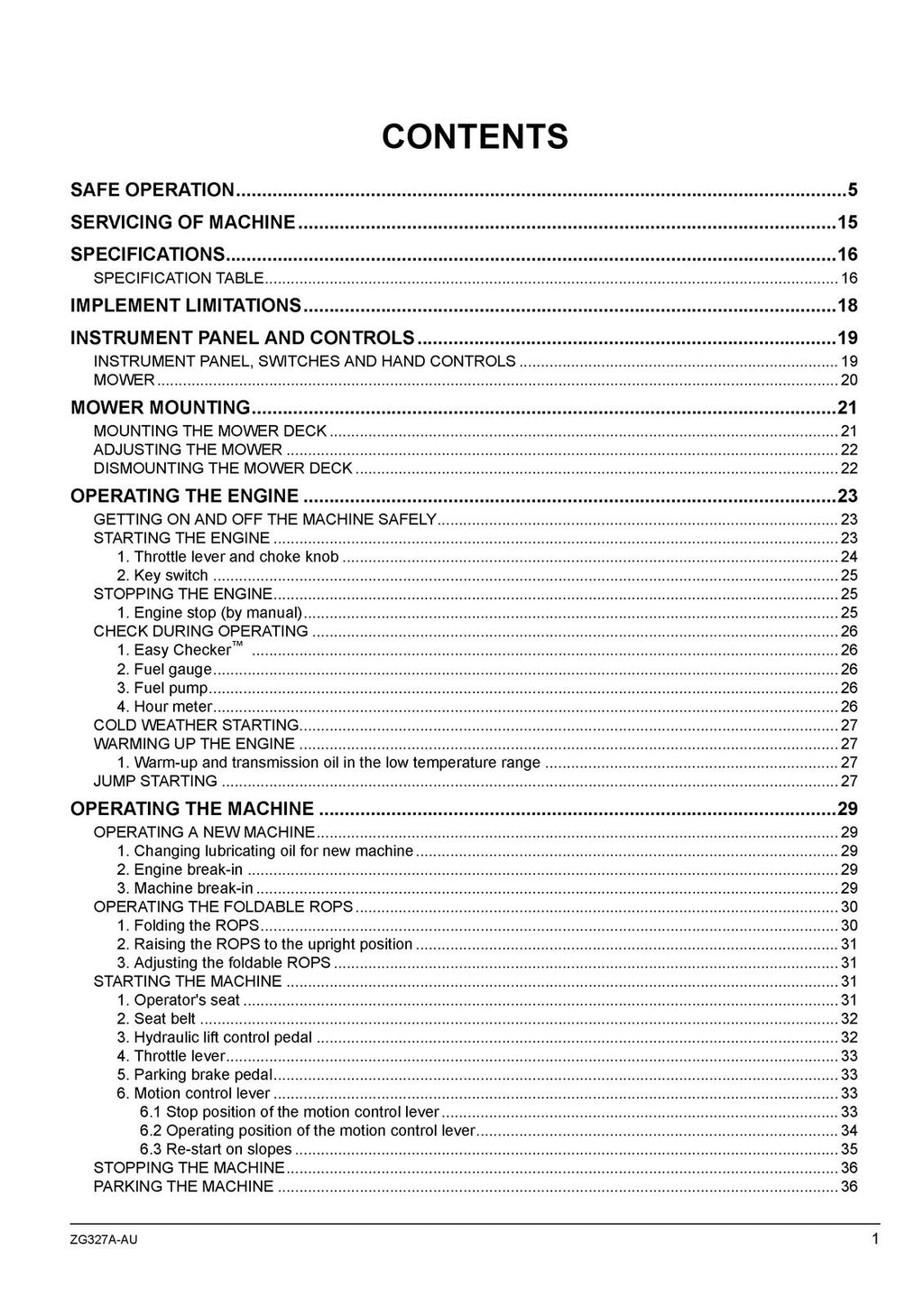 KUBOTA ZG327A-AU ZERO TURN MOWER OPERATORS MANUAL- WIRE BOUND - TOUGH COVERS