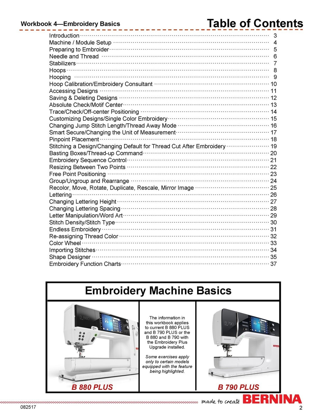 BERNINA Embroidery Workbook Addendum for B880 B790 PLUS - WIRE BOUND - COVERS