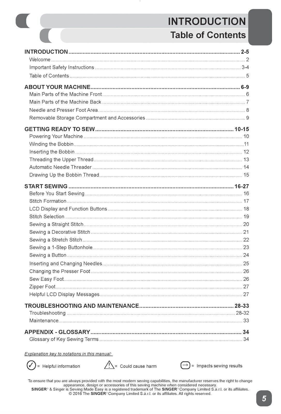 SINGER 5560 Sewing Machine User Manual Operation Guide [WIRE BOUND UPGRADE]