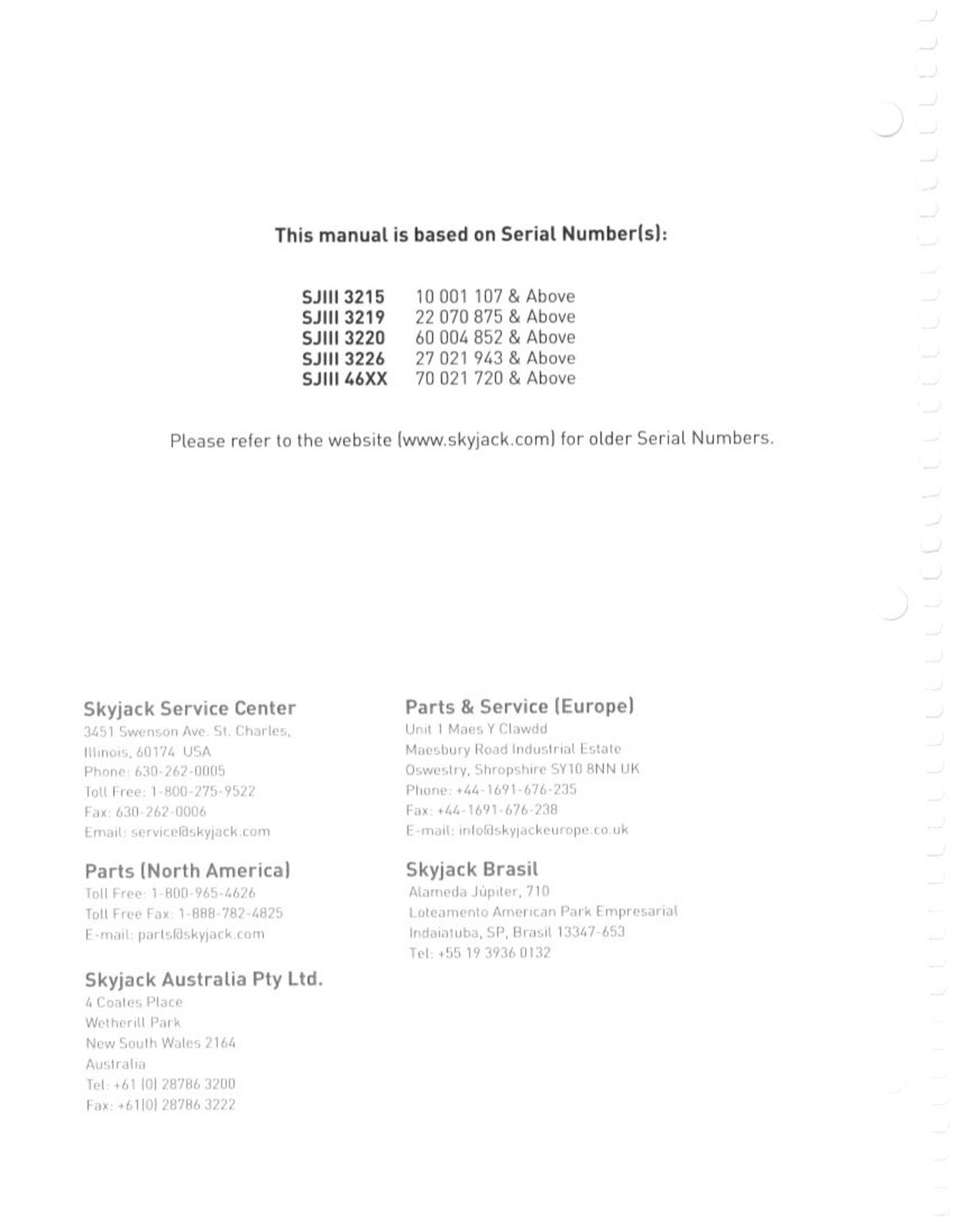 SKYJACK SJIII 3219 3226 4632 DC ELECTRIC SCISSOR LIFT User Manual - WIRE BOUND
