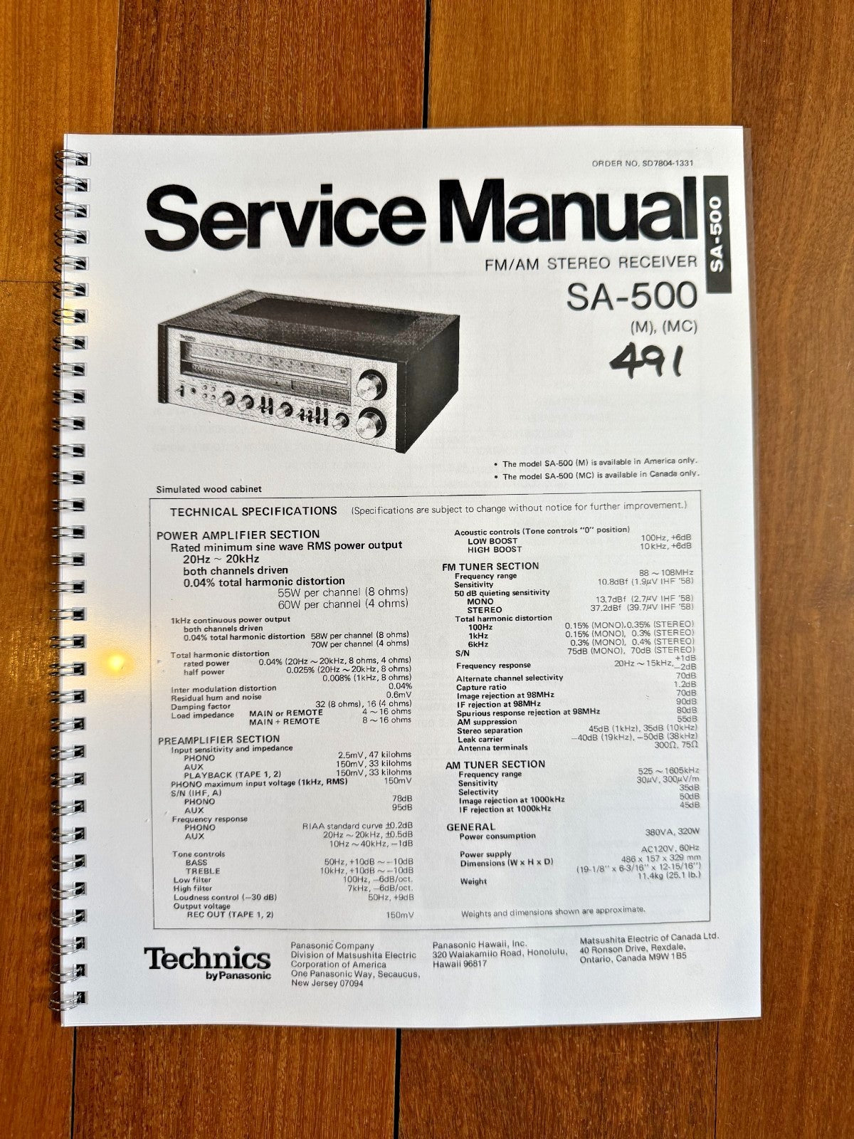 TECHNICS PANASONIC SA-500 Stereo Receiver Service Manual BOUND, COVERS, FOLDOUTS