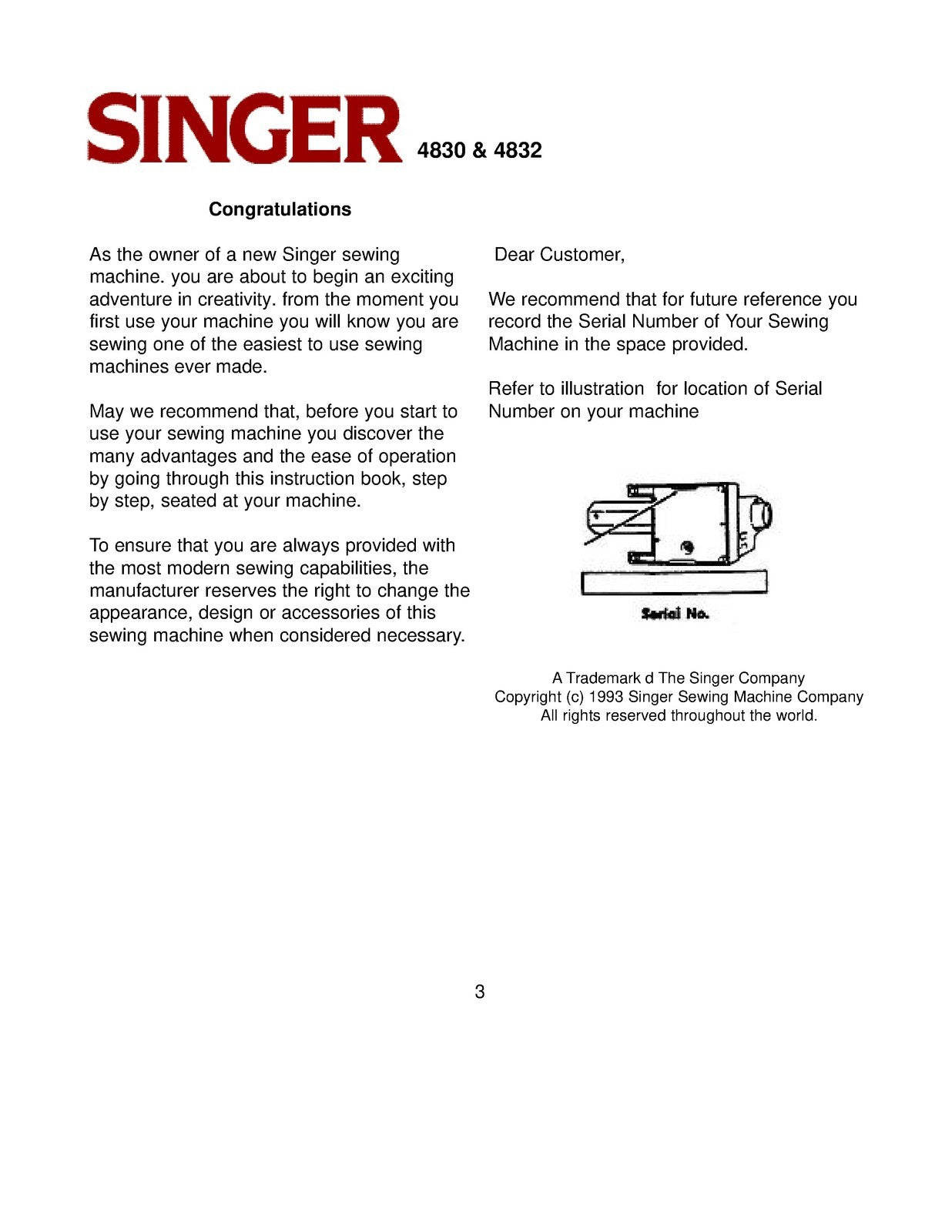SINGER 4830 4832 Sewing Machine Instruciton Manual - WIRE BOUND - TOUGH COVERS