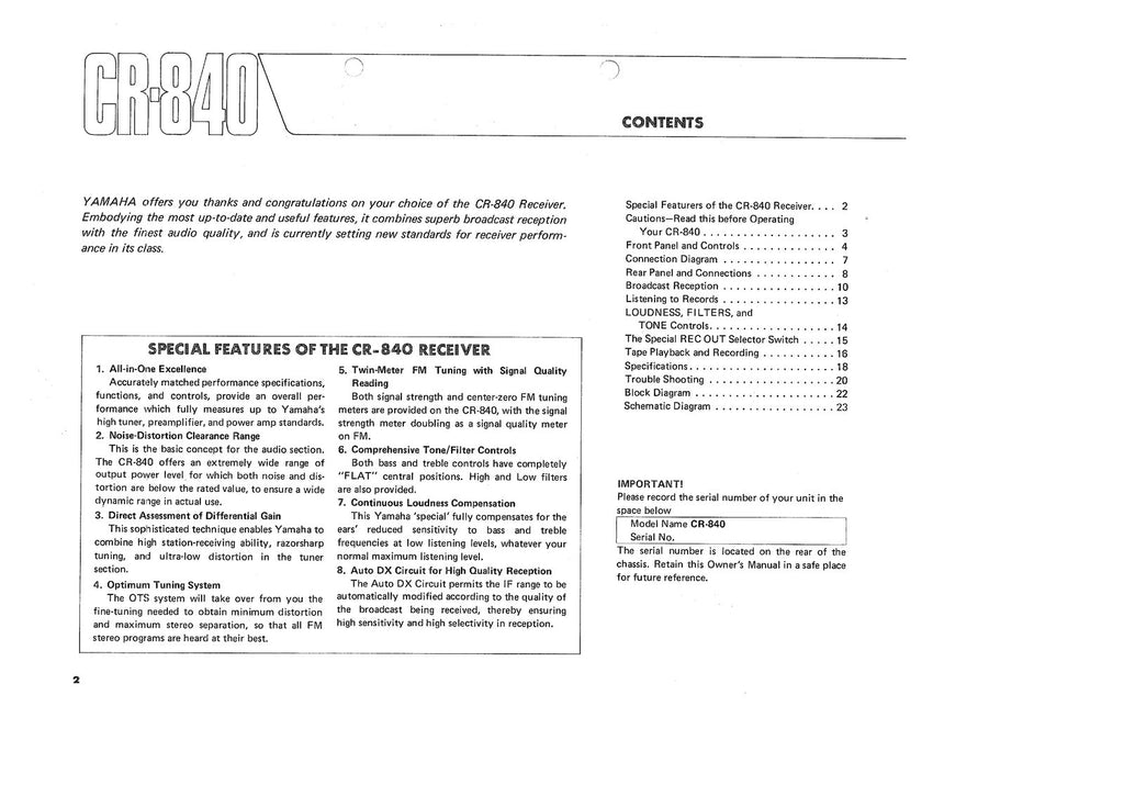 YAMAHA CR-840 OWNERS MANUAL - STEEL WIRE BOUND - PROTECTIVE COVERS