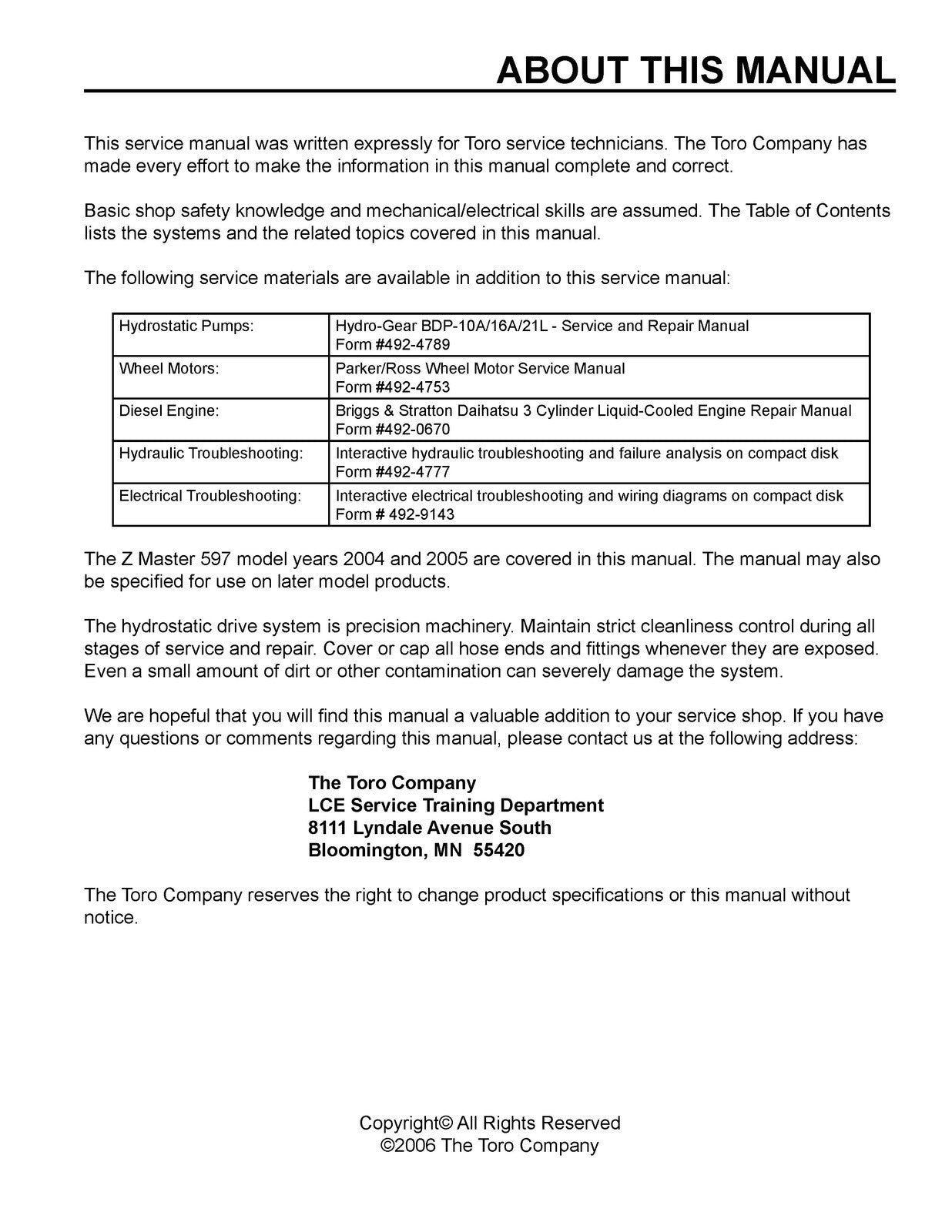 TORO Z Master Z400 Series SERVICE MANUAL - STEEL WIRE BOUND - PROTECTIVE COVERS