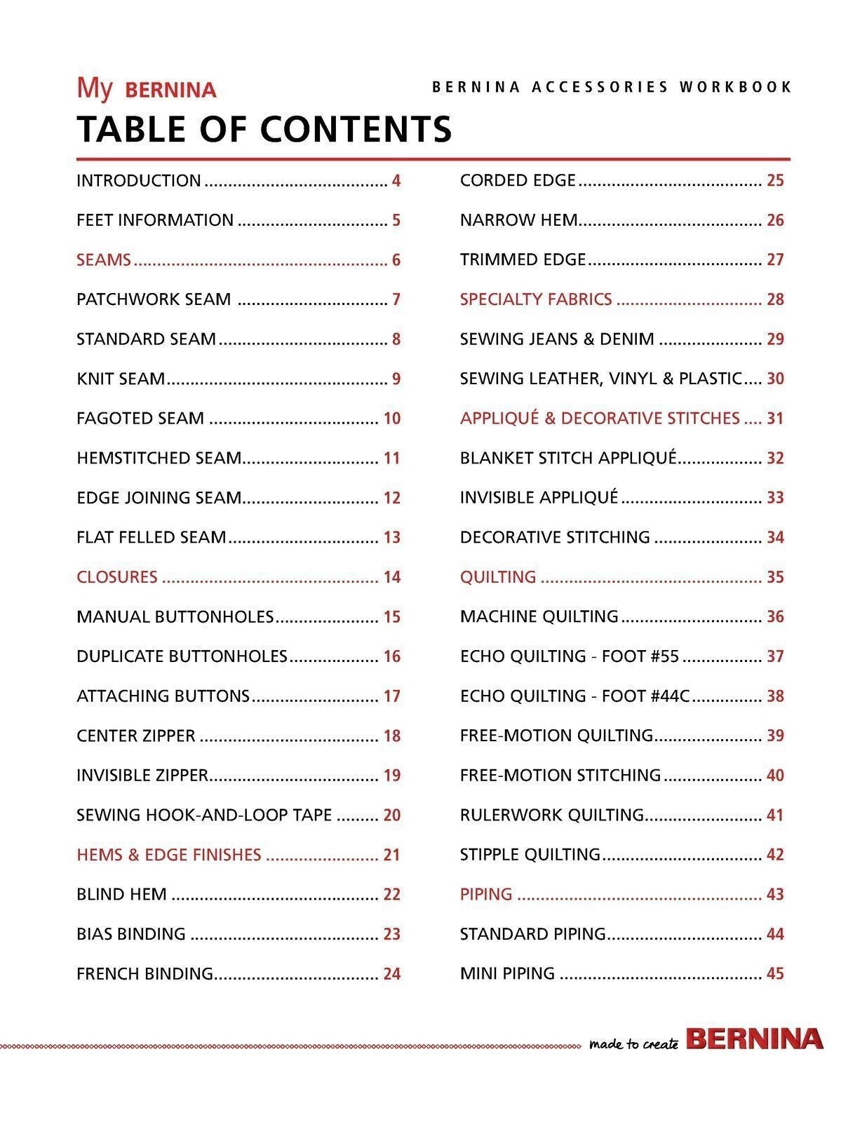 MY BERNINA Presser Feet & Accessories Mastery Workbook Manual WIRE BOUND, COVERS