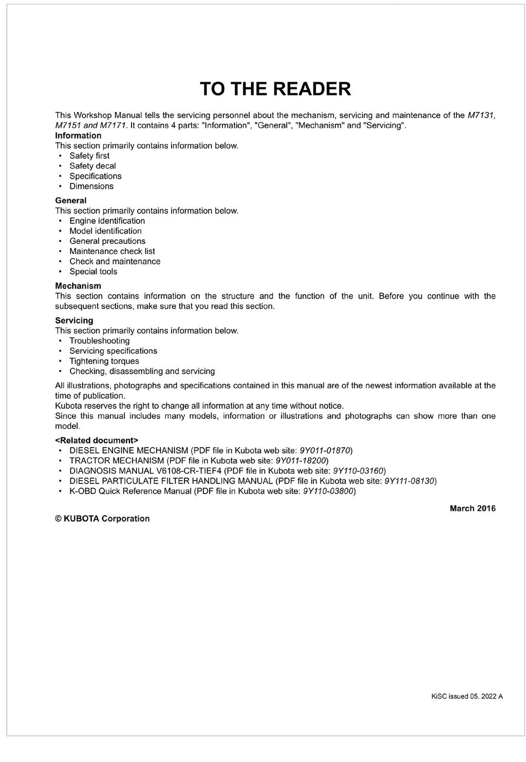 KUBOTA TRACTOR M7001 WORKSHOP MANUAL WSM - WIRE BOUND - TOUGH COVERS