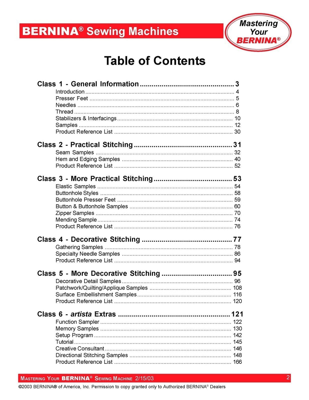 BERNINA Sewing Mastery Workbook Virtuosa Activa Artista 125-145 130-163 165-200