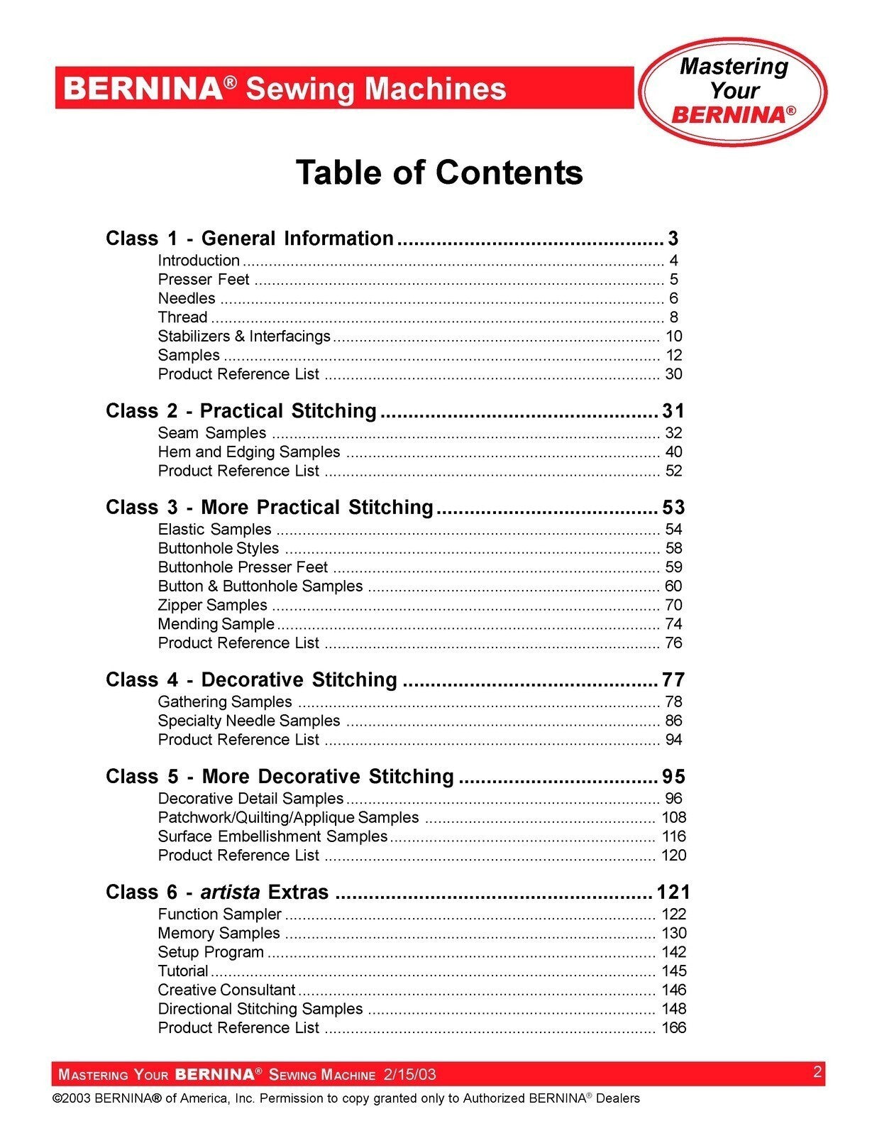 BERNINA Sewing Mastery Workbook Virtuosa Activa Artista 125-145 130-163 165-200