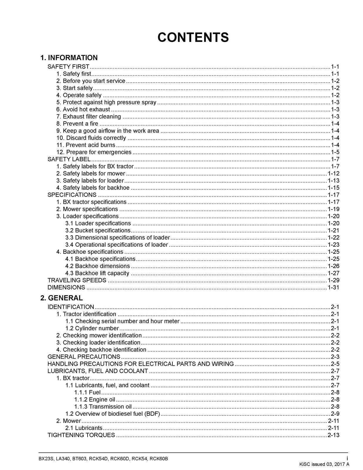 KUBOTA BX23S LA340 BT603 RCK54D RCK60D RCK54 RCK60B WORKSHOP MANUAL, XL FOLDOUTS