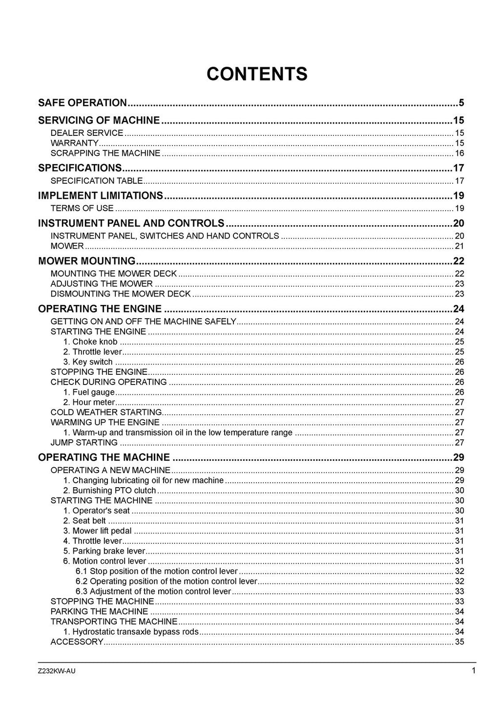 KUBOTA Z232KW-AU ZERO TURN MOWER OPERATORS MANUAL - WIRE BOUND - TOUGH COVERS