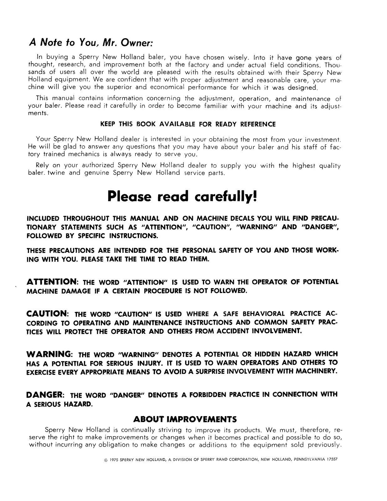 New Holland 276 HayLiner Operators Manual - STEEL WIRE BOUND - PROTECTIVE COVERS