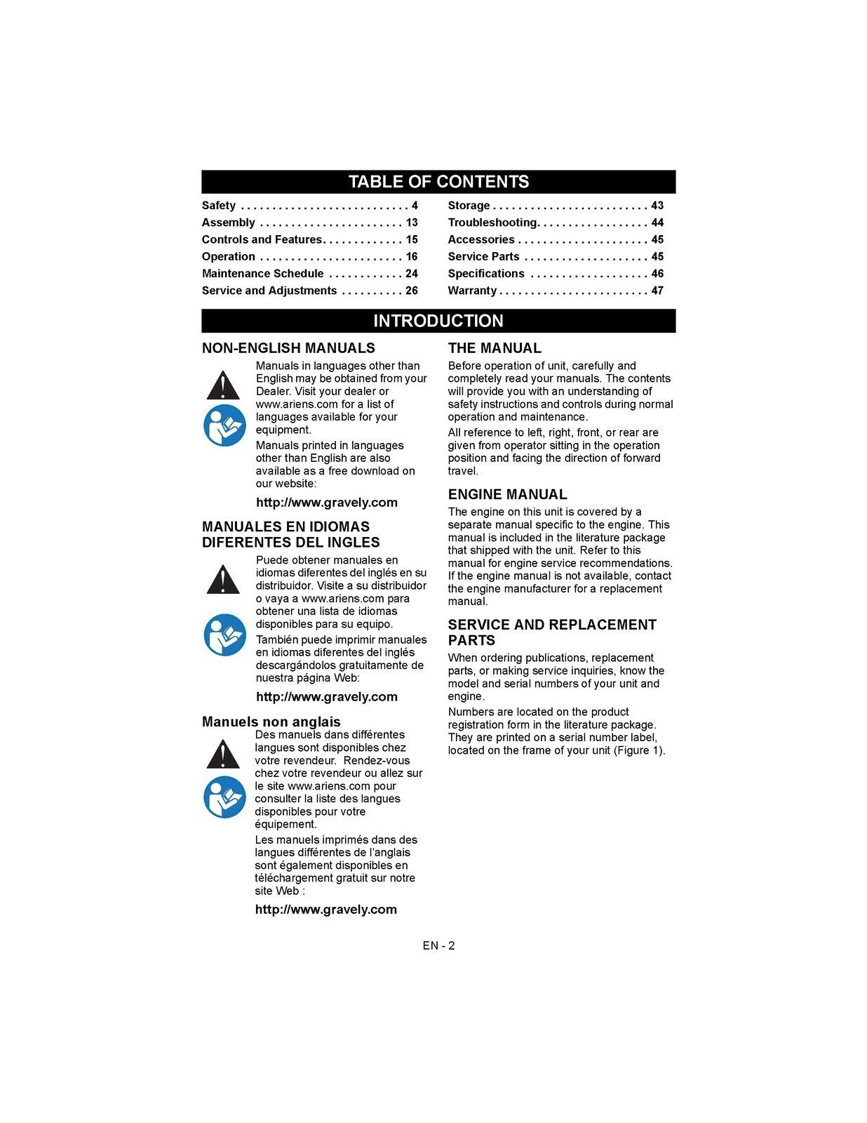 GRAVELY Pro-Turn 400 Series Mower Operator Manual - WIRE BOUND - TOUGH COVERS