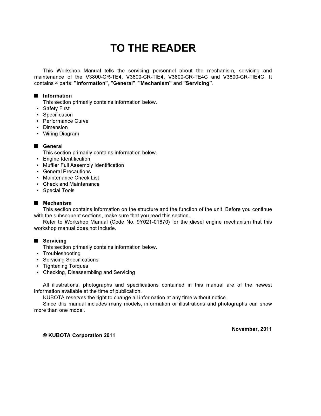 KUBOTA V3800 CR TIE4 TIE4C DIESEL ENGINE WORKSHOP MANUAL WSM, WIRE BOUND, COVERS