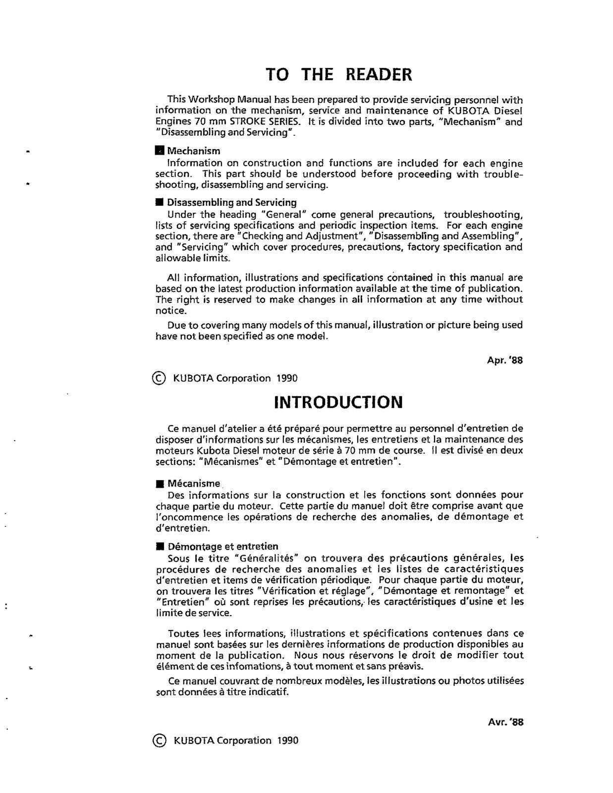 KUBOTA 70mm Stroke Series Diesel Engine WSM Workshop Manual - WIRE BOUND, COVERS