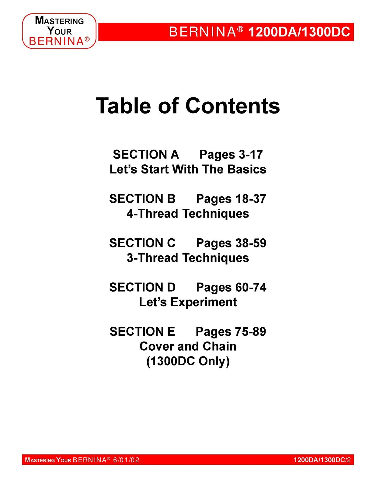 BERNINA 1200DA 1300DC Mastery Owners Workbook -  STEEL WIRE BOUND - TOUGH COVERS