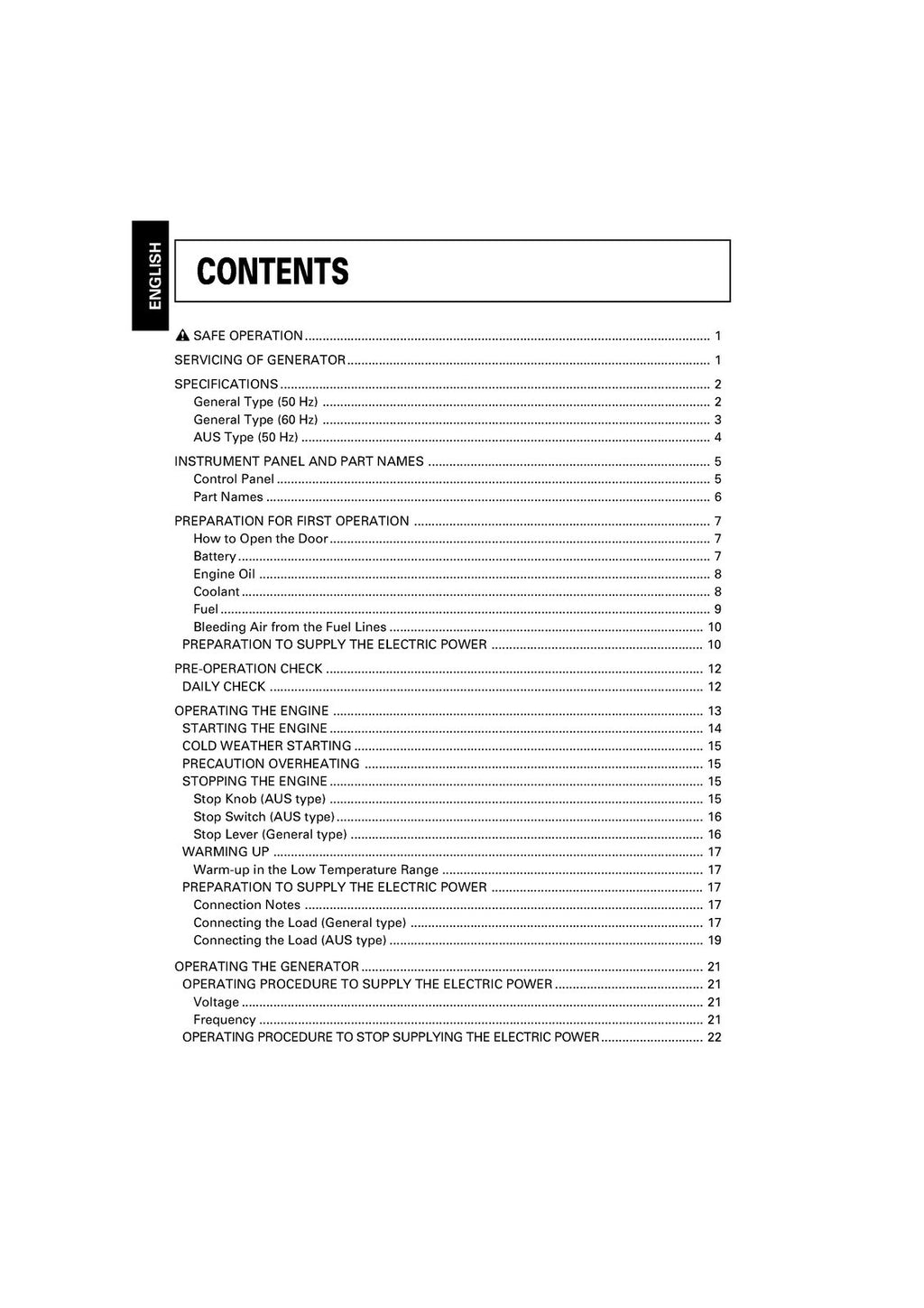 KUBOTA KJ-S130VX ETC DIESEL GENERATOR OPERATORS MANUAL, WIRE BOUND, TOUGH COVERS