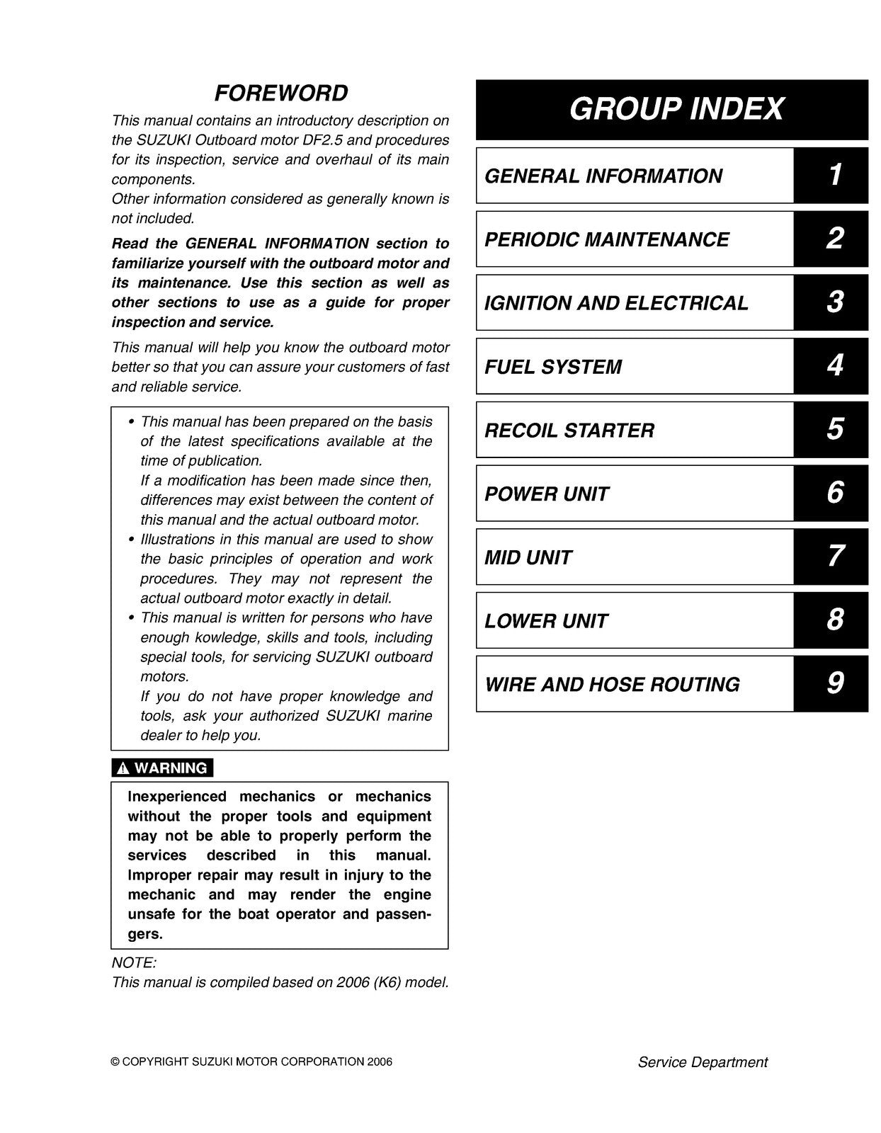 SUZUKI DF 2.5 FOUR STROKE OUTBOARD MOTOR SERVICE MANUAL - WIRE BOUND, COVERS