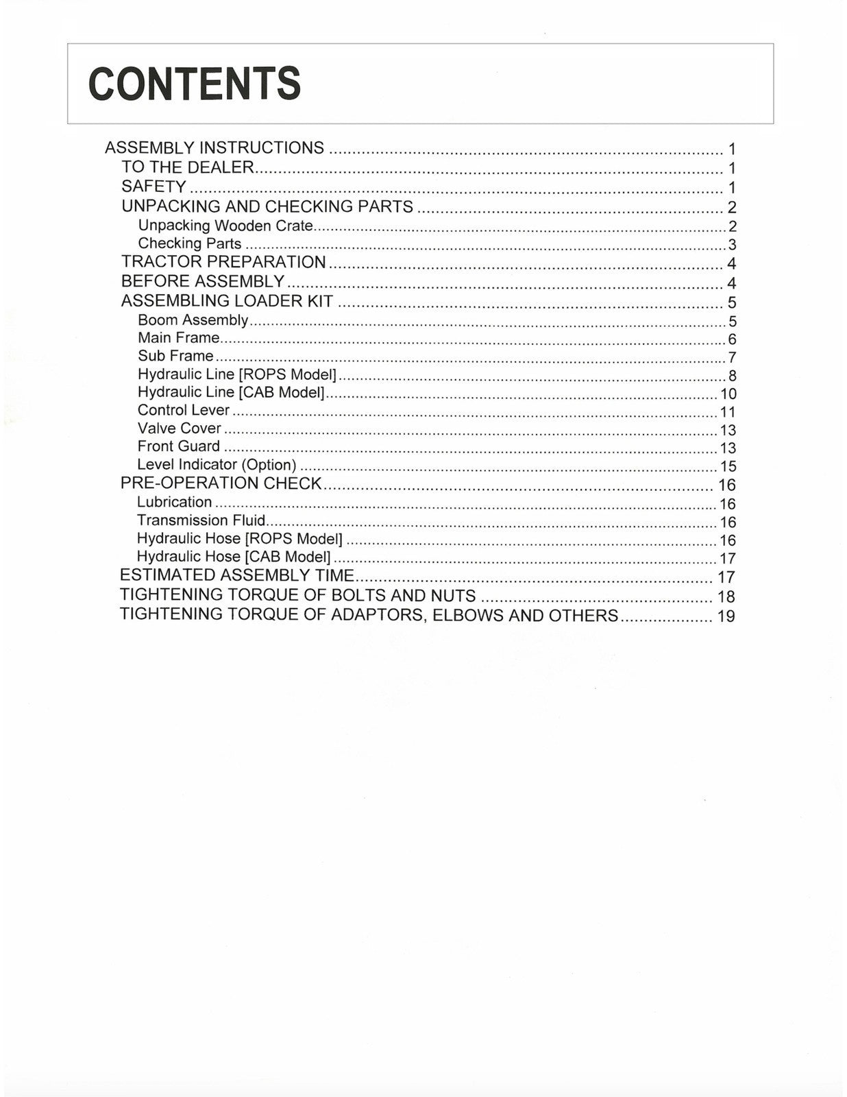 KUBOTA LA1065A Assembly Instructions Manual - STEEL WIRE BOUND - TOUGH COVERS