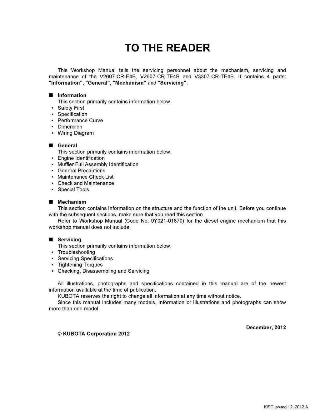 KUBOTA DIESEL ENGINE V2607-CR-E4-B V2607-CR-TE4B V3307 WORKSHOP MANUAL WSM