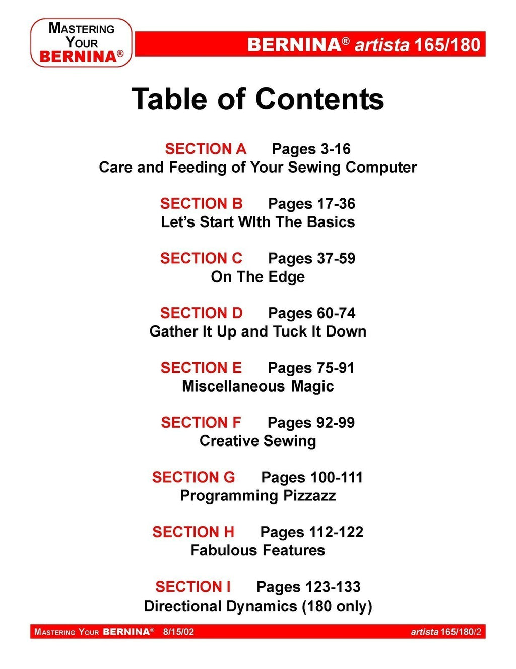 BERNINA Artista 165 180 Mastery Owners Workbook - WIRE BOUND - PROTECTIVE COVERS