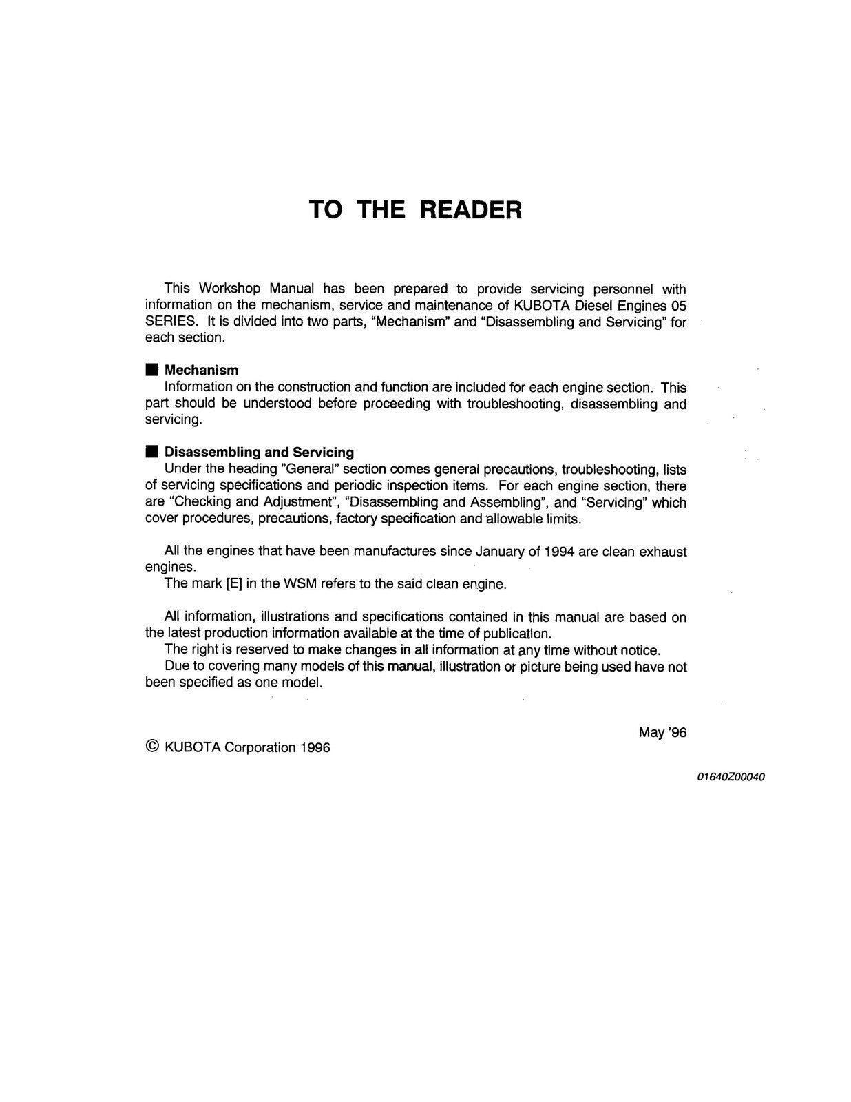 KUBOTA 05 SERIES D905-B (E) ETC DIESEL ENGINE WORKSHOP MANUAL - STEEL WIRE BOUND