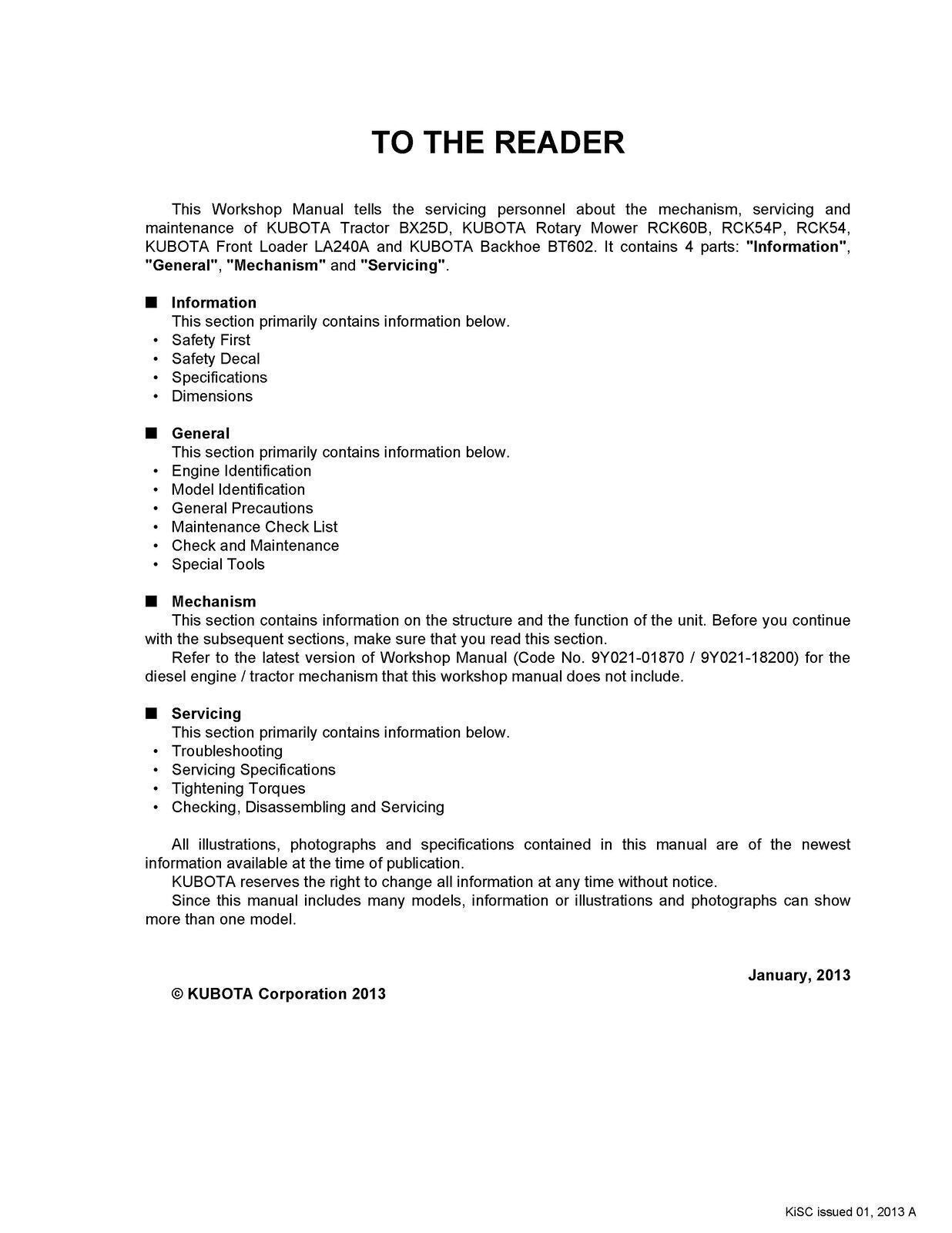 KUBOTA BX25D RCK54 RCK54P RCK60B LA240A BT602 TRACTOR WORKSHOP MANUAL - FOLDOUTS