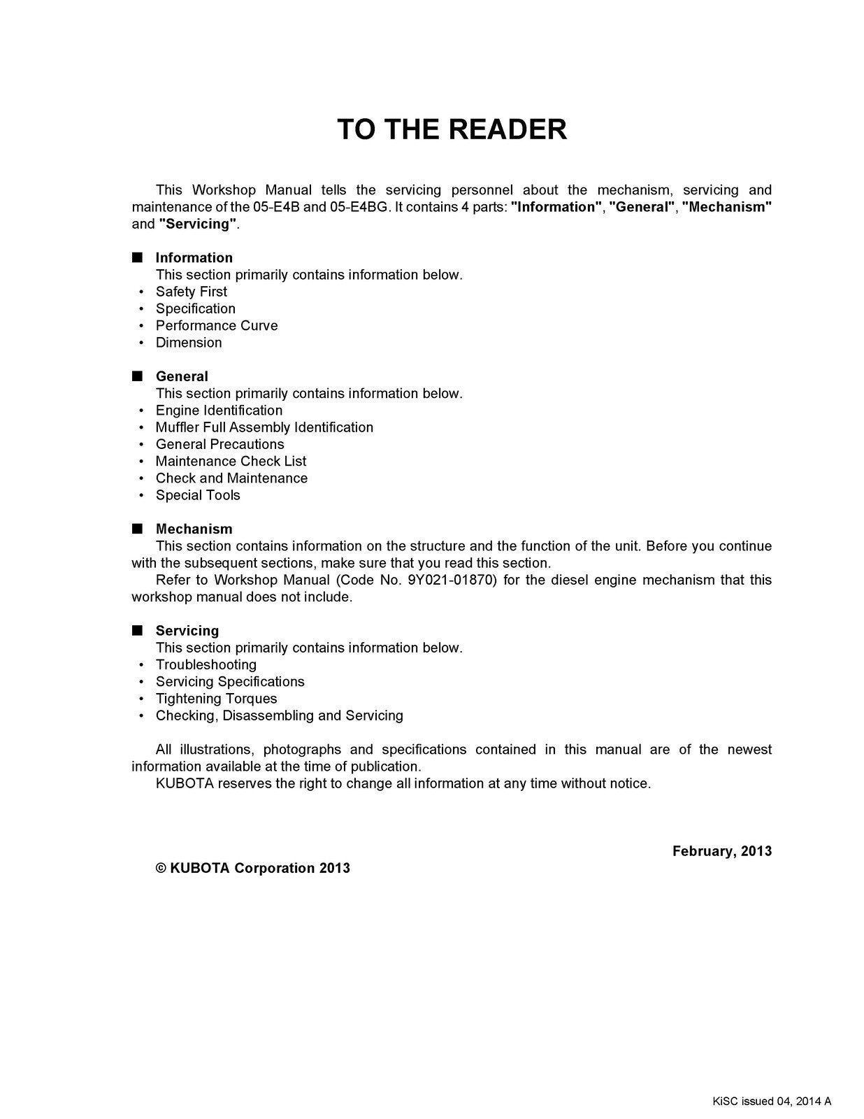 KUBOTA 05-E4B 05-E4BG SERIES DIESEL ENGINE WORKSHOP MANUAL - WIRE BOUND - COVERS