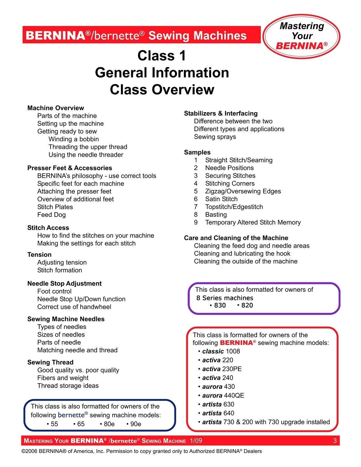 BERNINA Bernette Sewing Maching Mastery Workbook Activa Aurora Artista Series