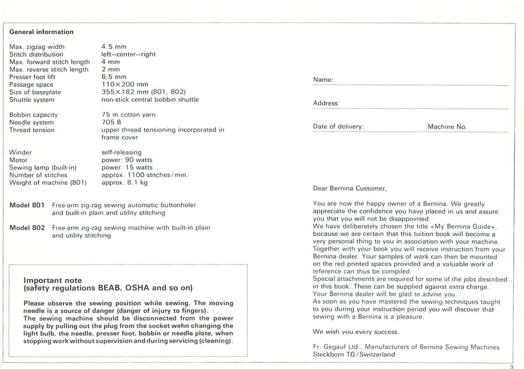 BERNINA 801 802 811 812 Sewing Machine Instruction Manual - WIRE BOUND - COVERS
