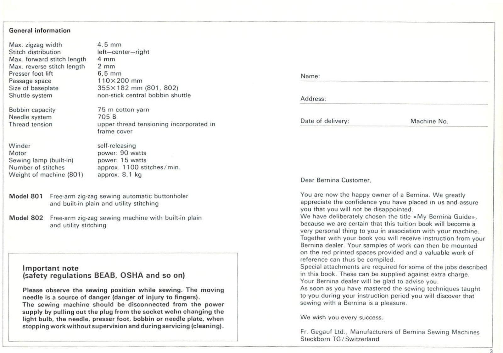 BERNINA 801 802 811 812 Sewing Machine Instruction Manual - WIRE BOUND - COVERS
