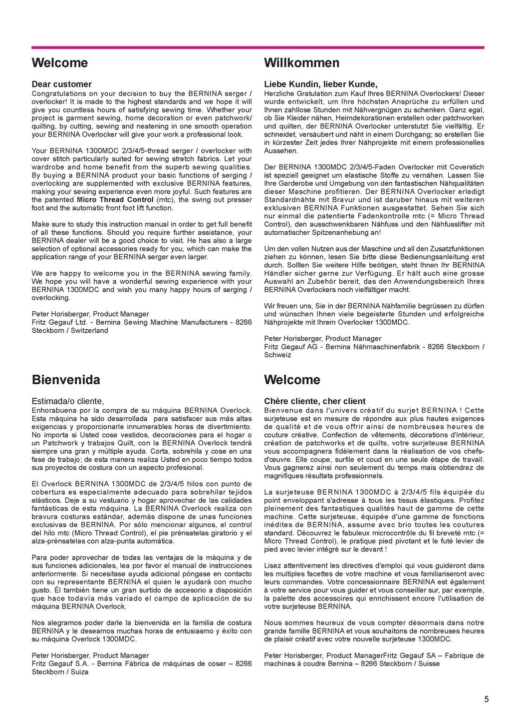 BERNINA 1300MDC Overlocker Sewing Machine Instruction Manual, WIRE BOUND, COVERS