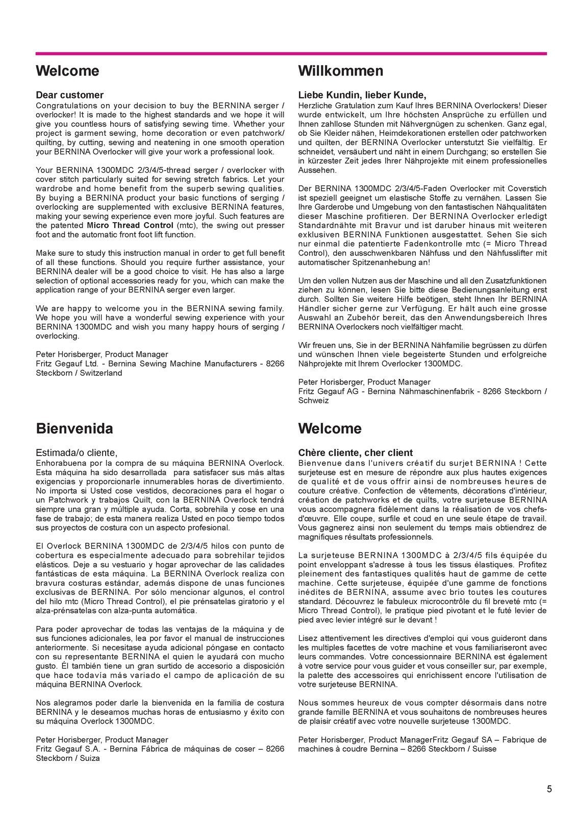 BERNINA 1300MDC Overlocker Sewing Machine Instruction Manual, WIRE BOUND, COVERS