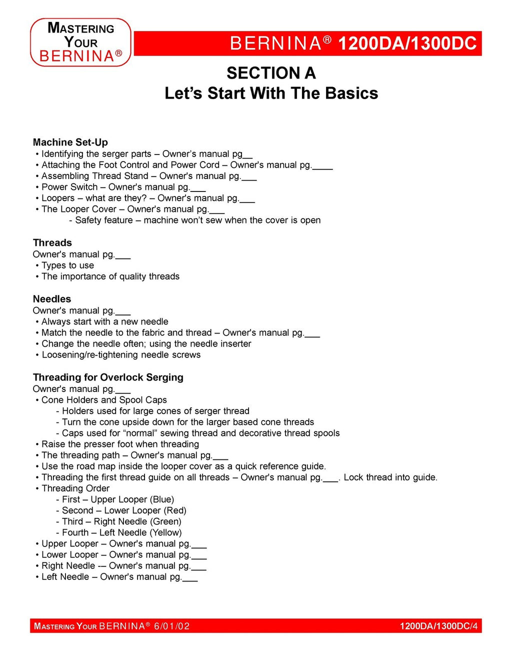 BERNINA 1200DA 1300DC Mastery Owners Workbook -  STEEL WIRE BOUND - TOUGH COVERS