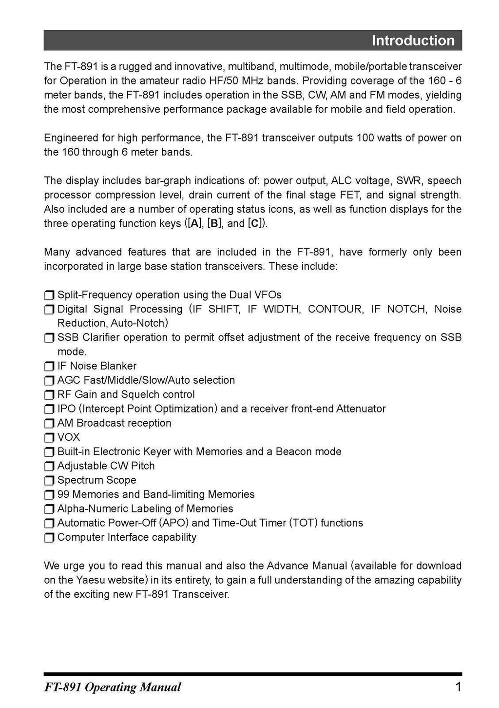 YAESU FT-891 Transceiver Operating Manual - STEEL WIRE BOUND - PROTECTIVE COVERS