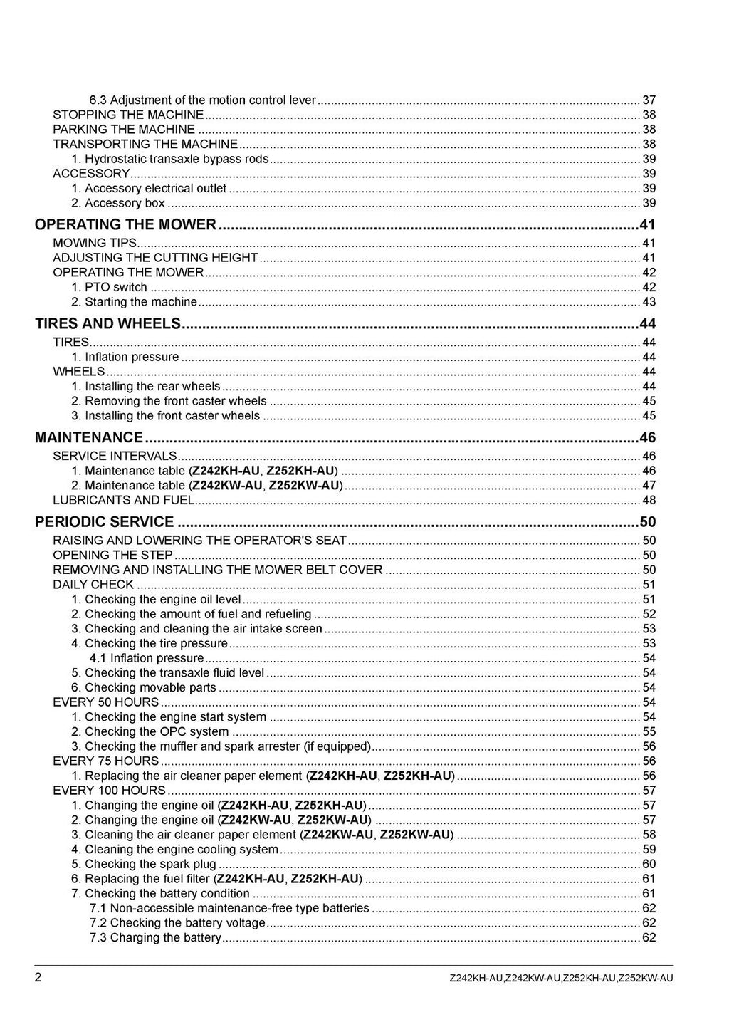 KUBOTA Z242KH-AU Z242KW-AU Z252KH-AU ZERO TURN MOWER OPERATORS MANUAL - BOUND