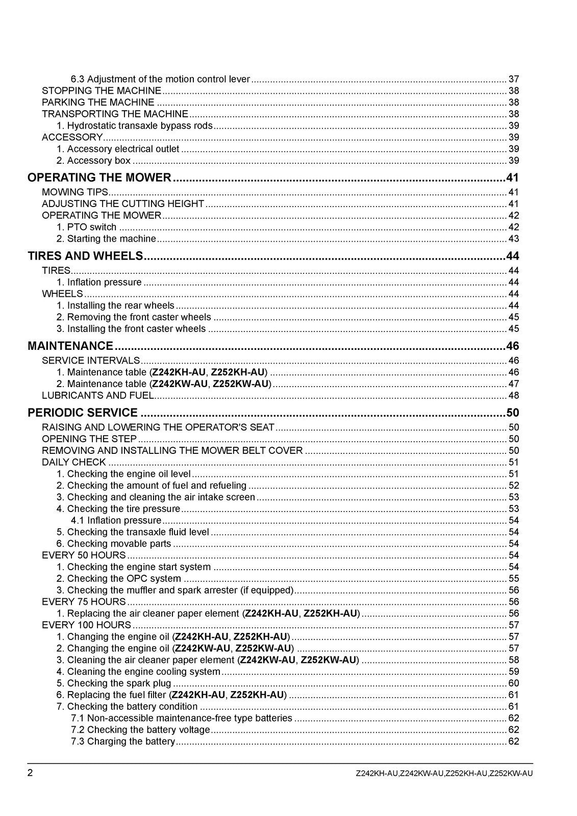 KUBOTA Z242KH-AU Z242KW-AU Z252KH-AU ZERO TURN MOWER OPERATORS MANUAL - BOUND