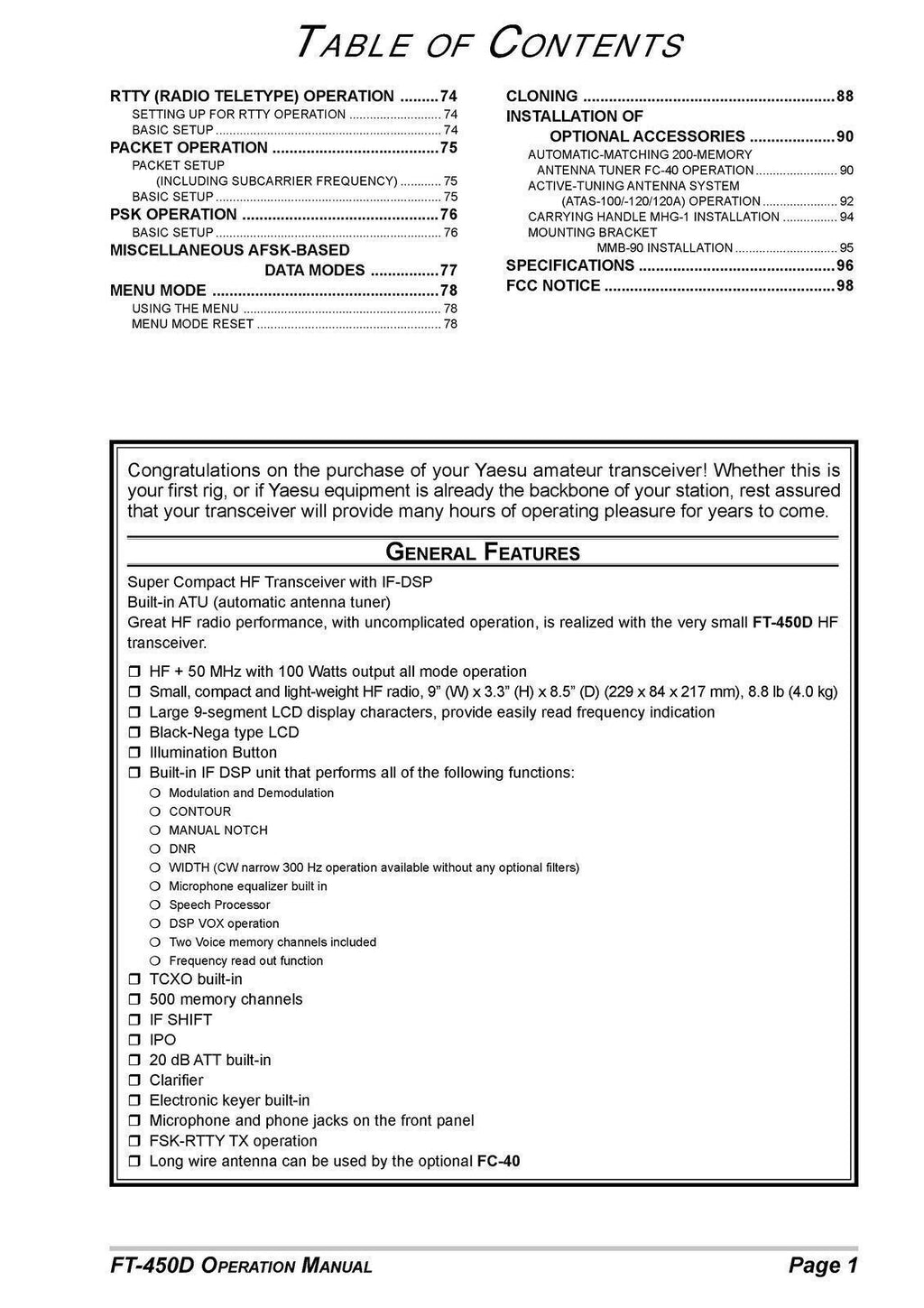 YAESU FT-450D Transceiver Operation Manual Operation Guide - TOUGH WIRE BINDING