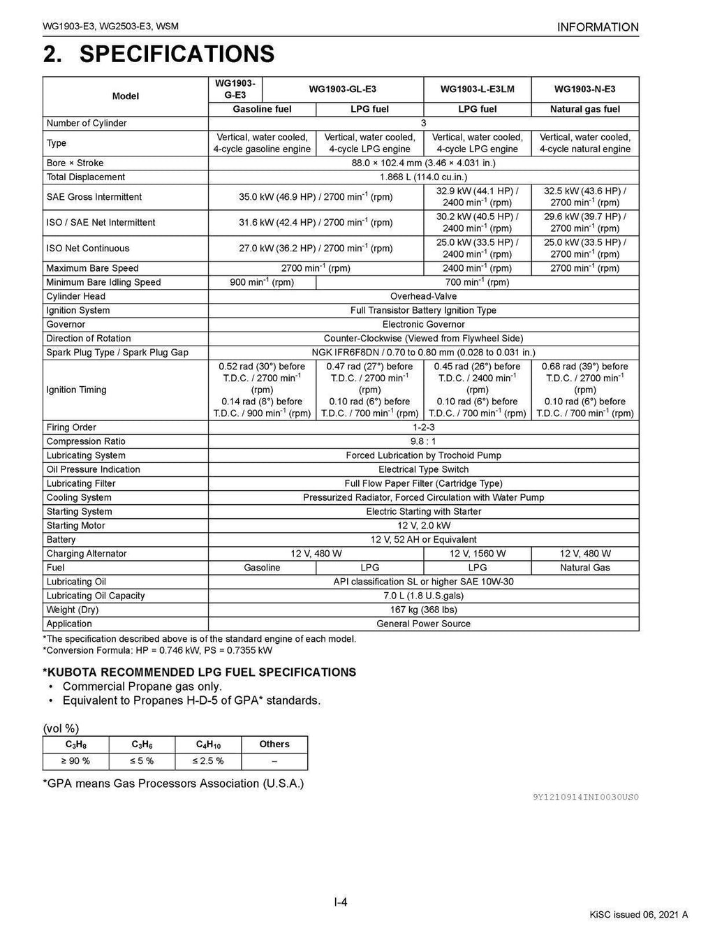 KUBOTA GASOLINE LPG NATURAL GAS ENGINE WG1903-E3 WG2503-E3 WORKSHOP MANUAL WSM