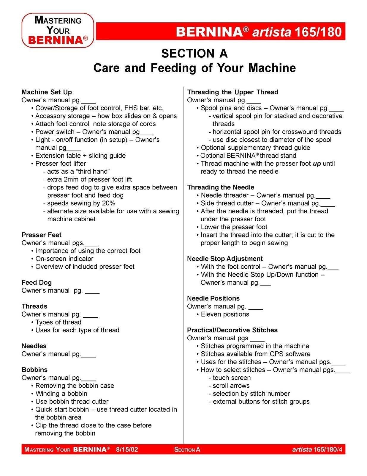 BERNINA Artista 165 180 Mastery Owners Workbook - WIRE BOUND - PROTECTIVE COVERS