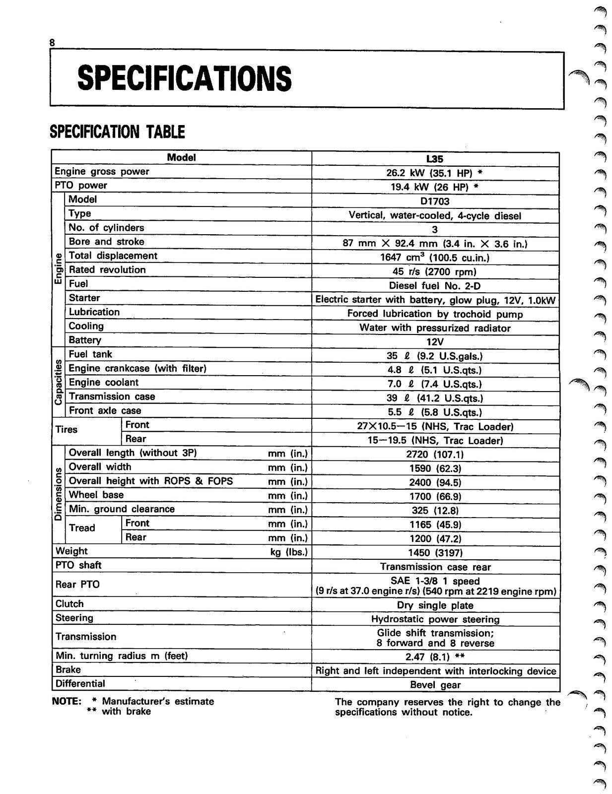 KUBOTA L35 TRACTOR OPERATORS MANUAL - STEEL WIRE BOUND - PROTECTIVE COVERS